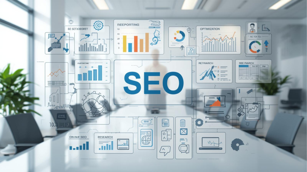 Our Search Engine Optimization (SEO) Process​ Monitoring, Reporting & Improvement Content Creation & Optmization On-Page SEo Optimization and Keyword Research & Website Audit add this all in one image and create an proper image